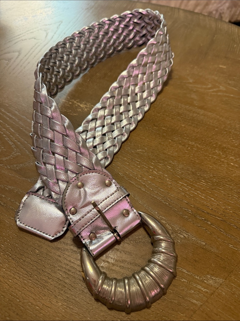 Braided Metallic Silver Waist Belt with Decorative Round Buckle